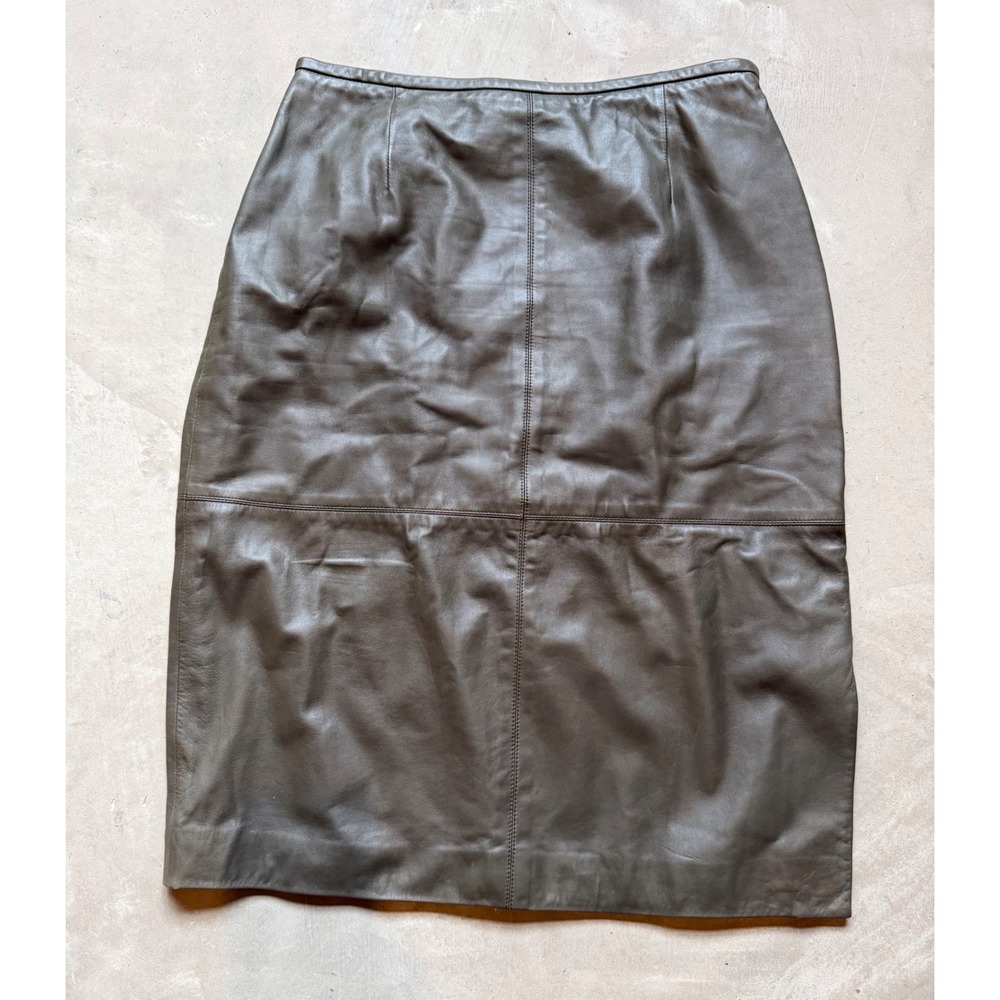 Worth New York Genuine Leather Pencil Skirt Olive Green Taupe Midi Size 10 Slit
